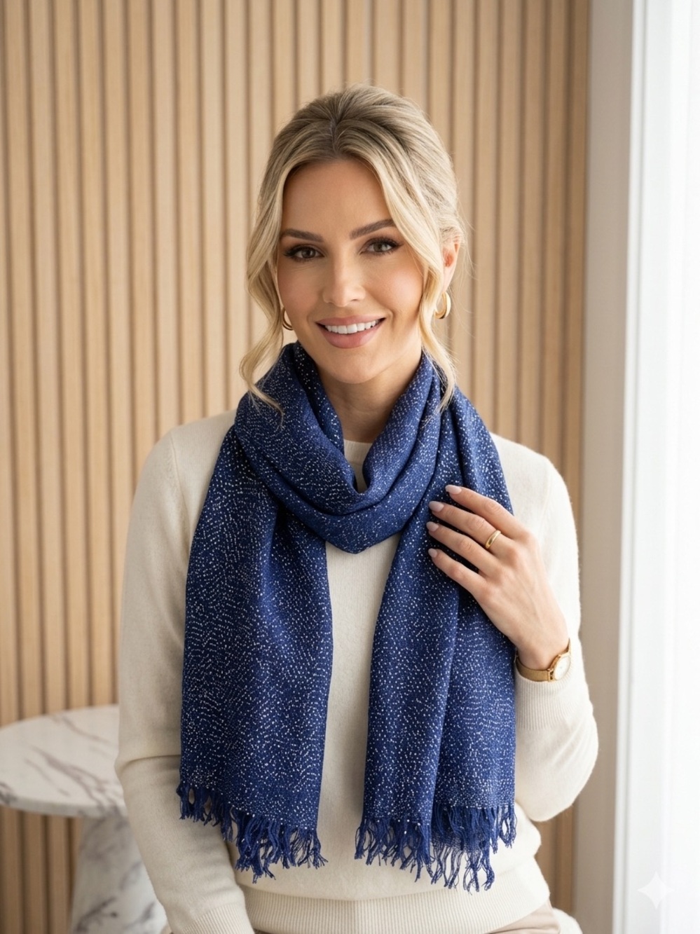 Navy Blue Women's Fringe Scarf - Classic Winter Accessory